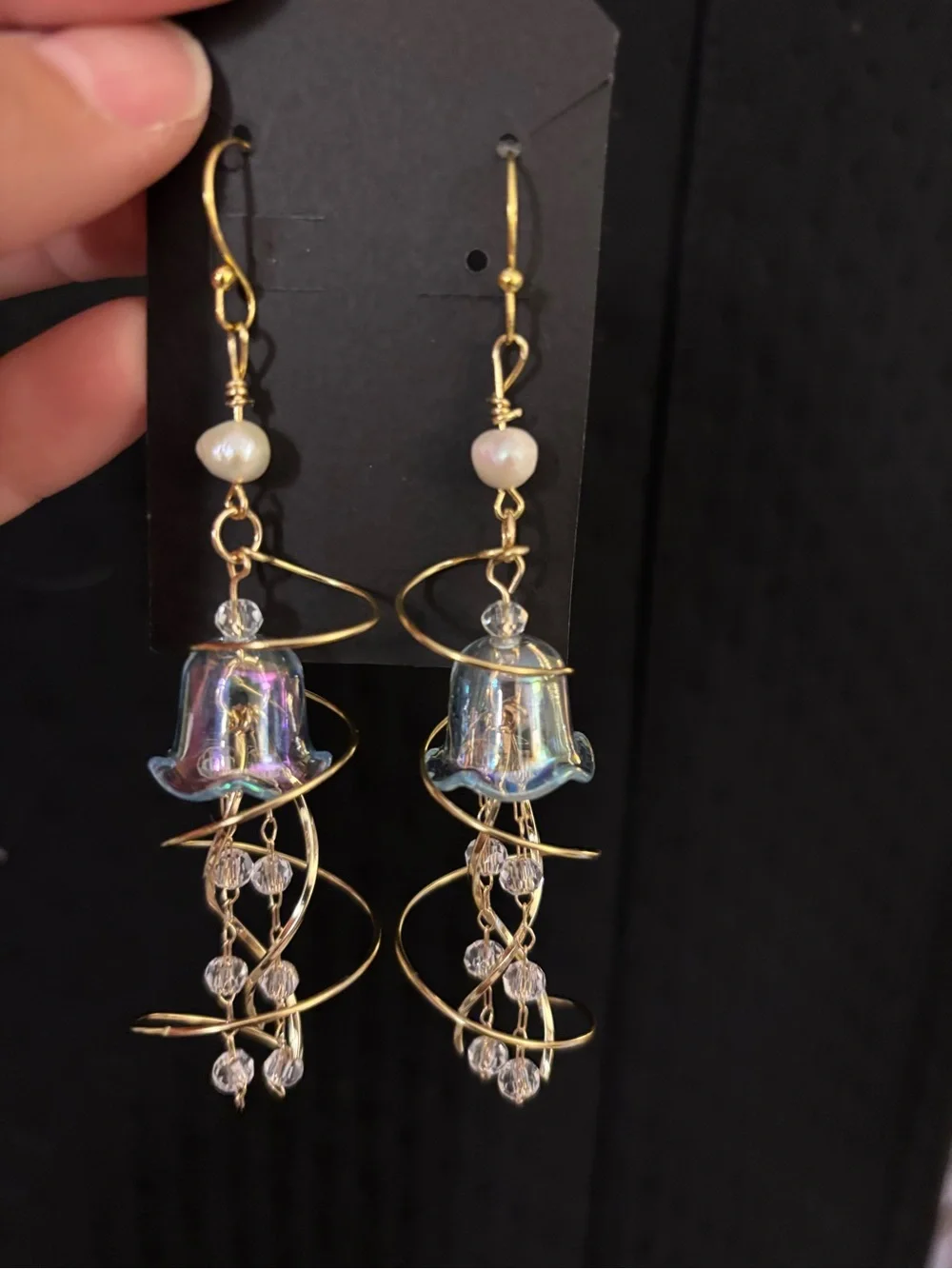 Gold-Tone Iridescent Bell Drop Jellyfish Earrings with Pearl Bead